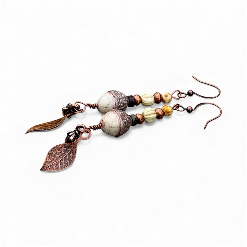 Handcrafted Elegant Copper Leaf Acorn Dangle Earrings - Picture 5 of 11